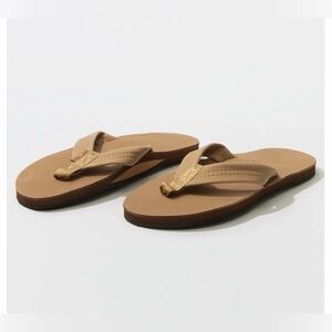 Rainbow Light Tan Leather Flip Flops with Subtle Stitching